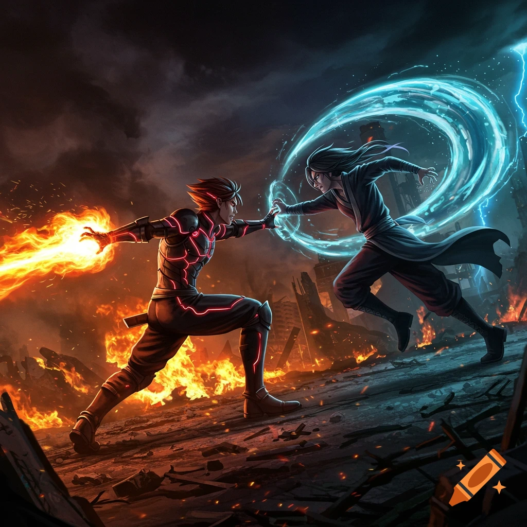Two anime characters, one wreathed in fire and the other summoning water, battle in a destroyed city landscape.