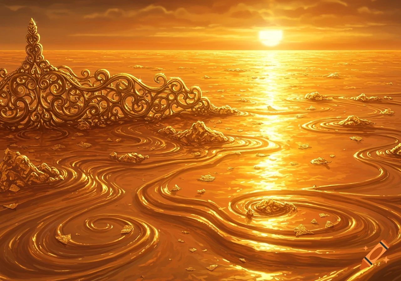 Ornate golden structure in a shimmering golden liquid landscape with a bright sunset, digital art.