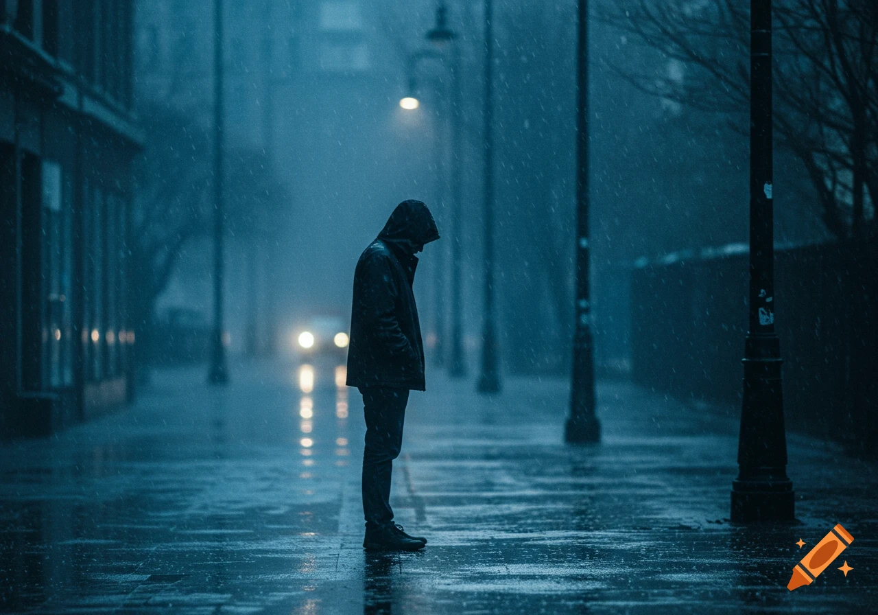 A solitary hooded figure stands on a wet city street at night in heavy rain, illuminated by faint streetlights and car headlights, creating a moody atmosphere.