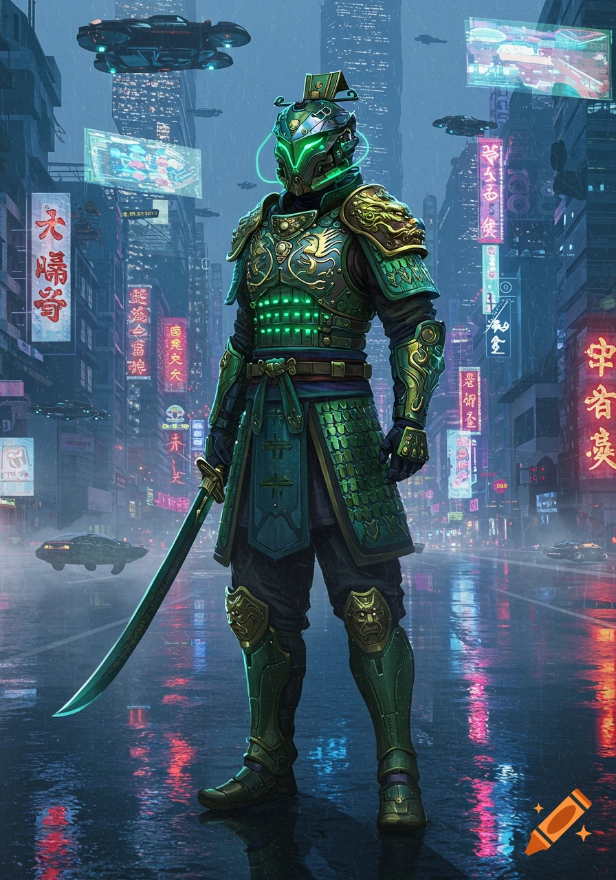 A heavily armored futuristic warrior in green and gold stands in a rainy cyberpunk city street, holding a glowing sword. Neon signs illuminate the wet ground, and flying vehicles hover above.