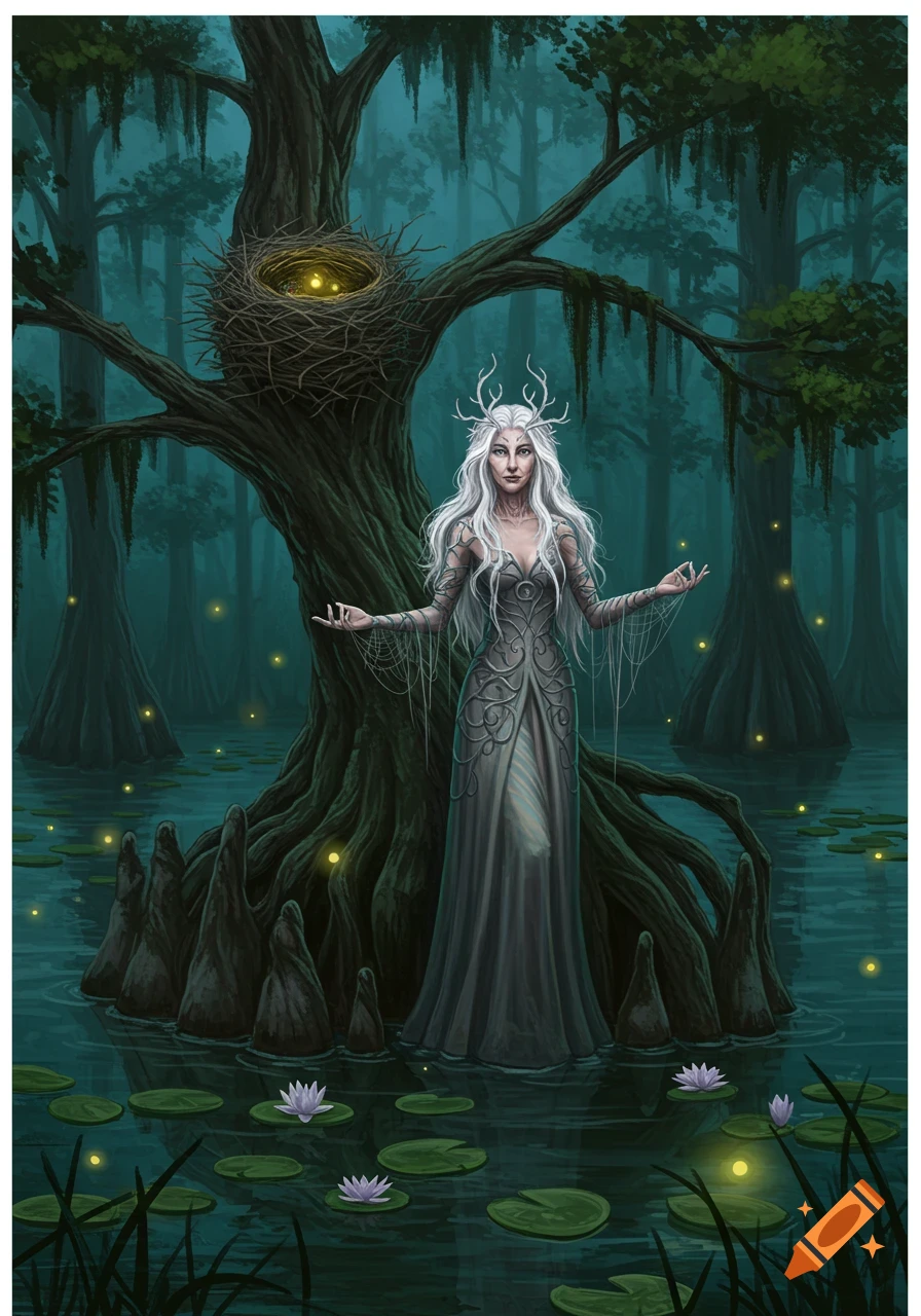 A white-haired witch with antlers stands in a misty swamp with cypress trees, glowing lights, and water lilies, in a digital painting.