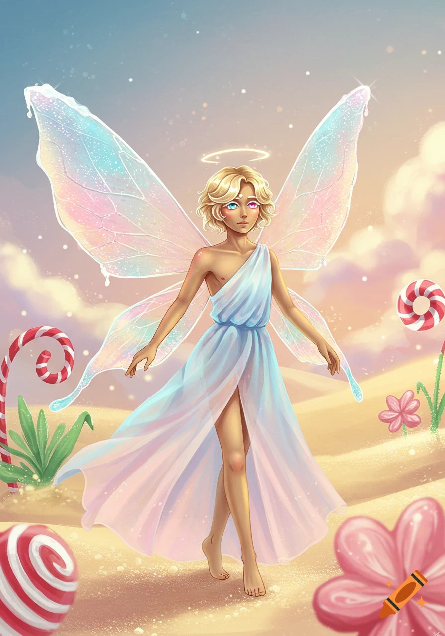 A blonde fairy with heterochromia and shimmering pastel wings stands in a candy-land wearing a flowing blue and pink gown, digital art.