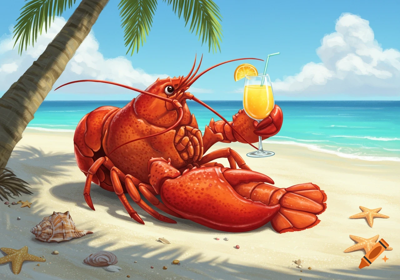 A cartoon lobster relaxes on a sandy beach under a palm tree, holding a glass of mimosa with an orange slice.