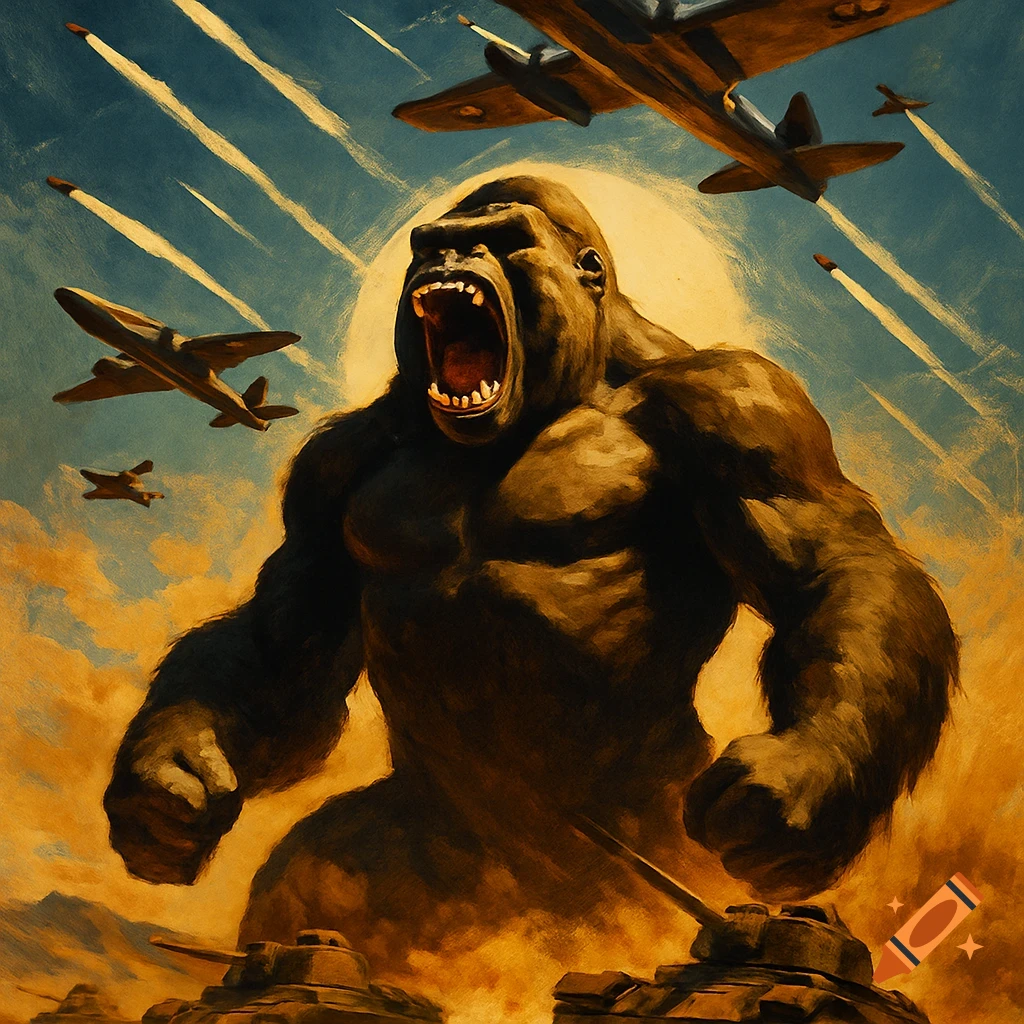 A giant roaring gorilla dominates a desert battlefield with tanks, planes, and missiles, in a vintage war propaganda poster style.