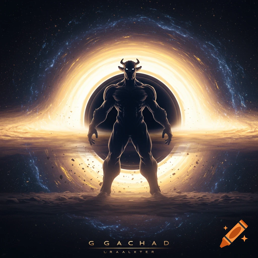 A stylized, muscular, horned silhouette stands before a glowing black hole in a cosmic scene.