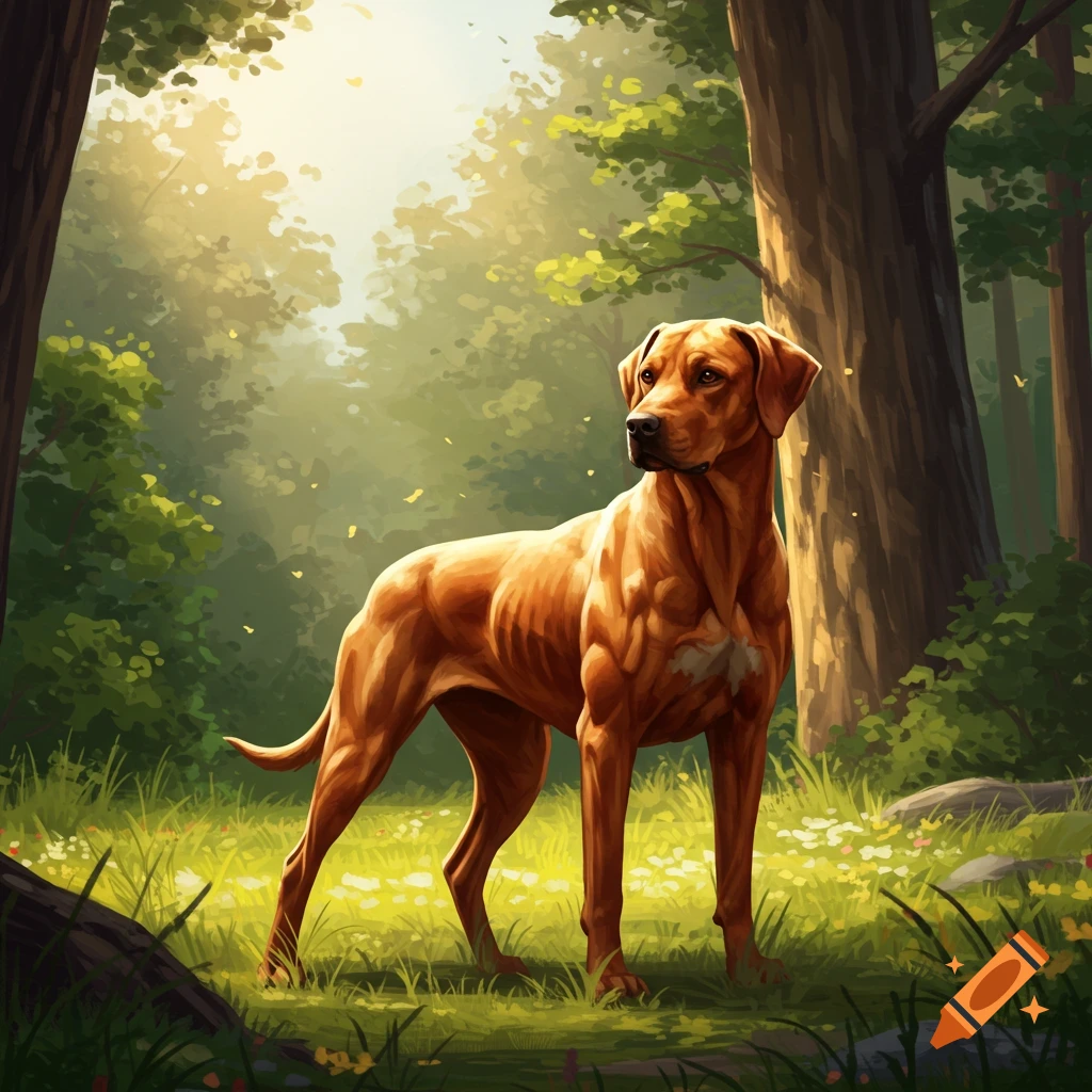 A muscular brown Rhodesian Ridgeback dog stands in a sun-dappled forest clearing, rendered in a digital painting style.