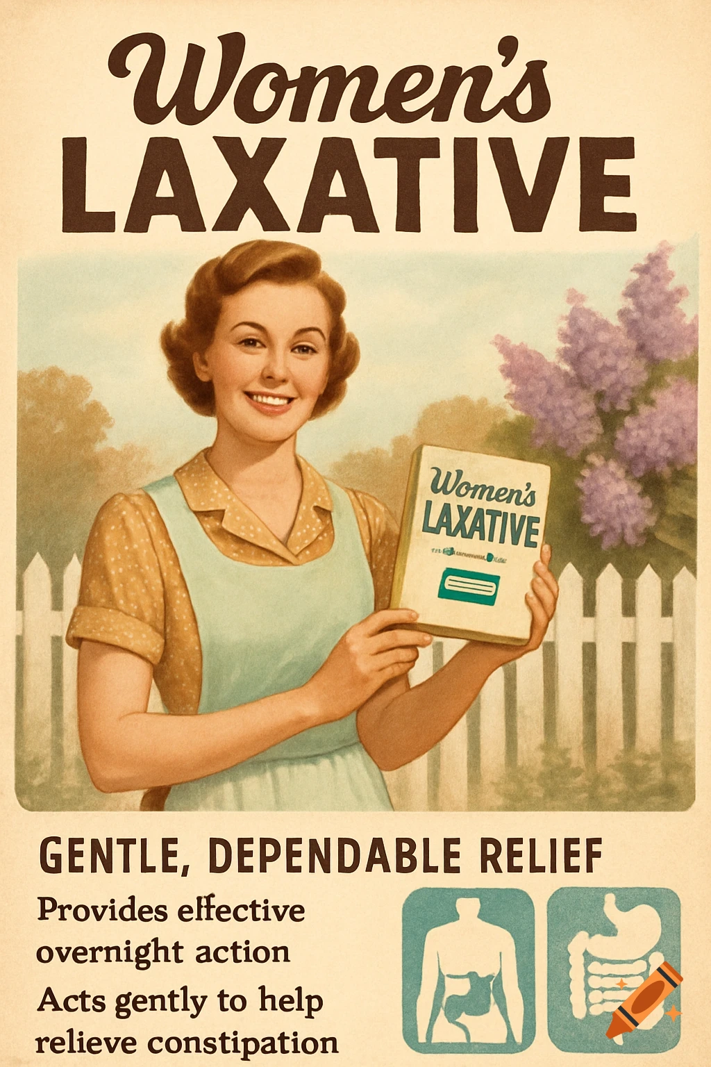 A vintage advertisement for Women's Laxative, featuring a smiling woman holding a book with the product name, set against a picket fence and lilac bushes. The ad includes details about the product and illustrations of internal organs.