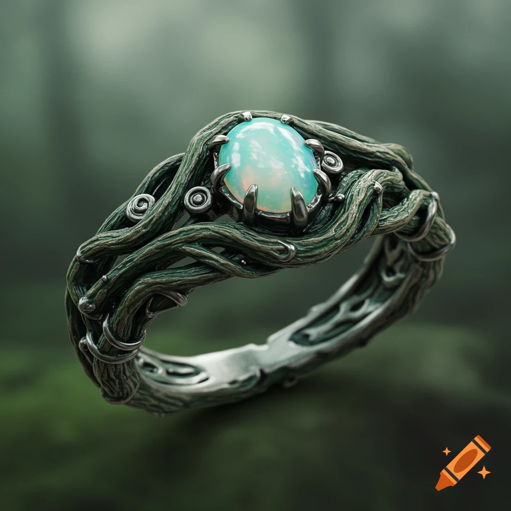 Close-up of a ring with an iridescent blue-green oval stone, set in a dark, gnarled, biomechanical branch-like band.