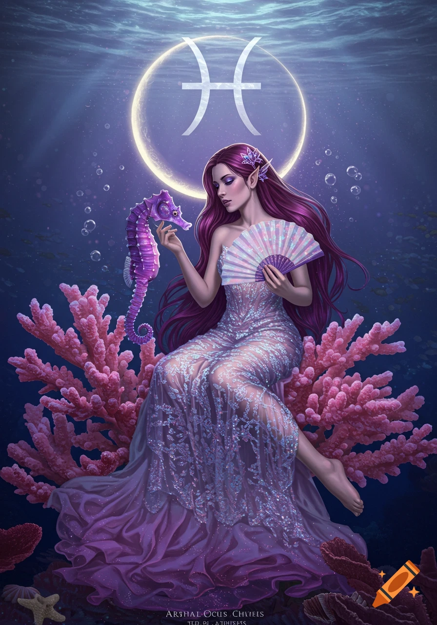 Fantasy woman with purple hair in a sheer gown pets a seahorse on pink coral underwater, with a glowing Pisces symbol.