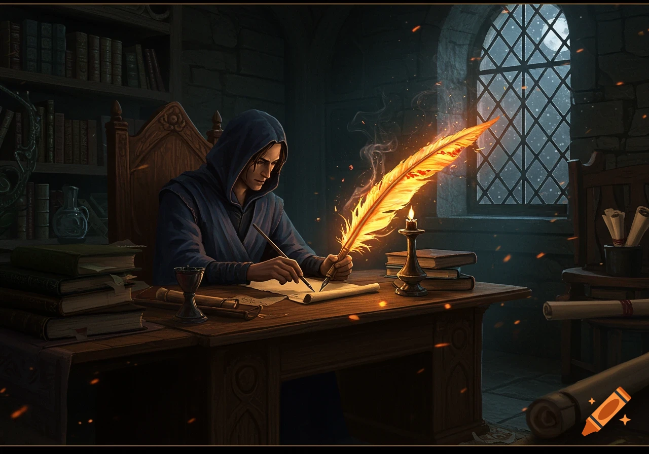 A cloaked figure writes at a desk with a glowing, fiery quill in a dimly lit, stone room with a tall arched window.
