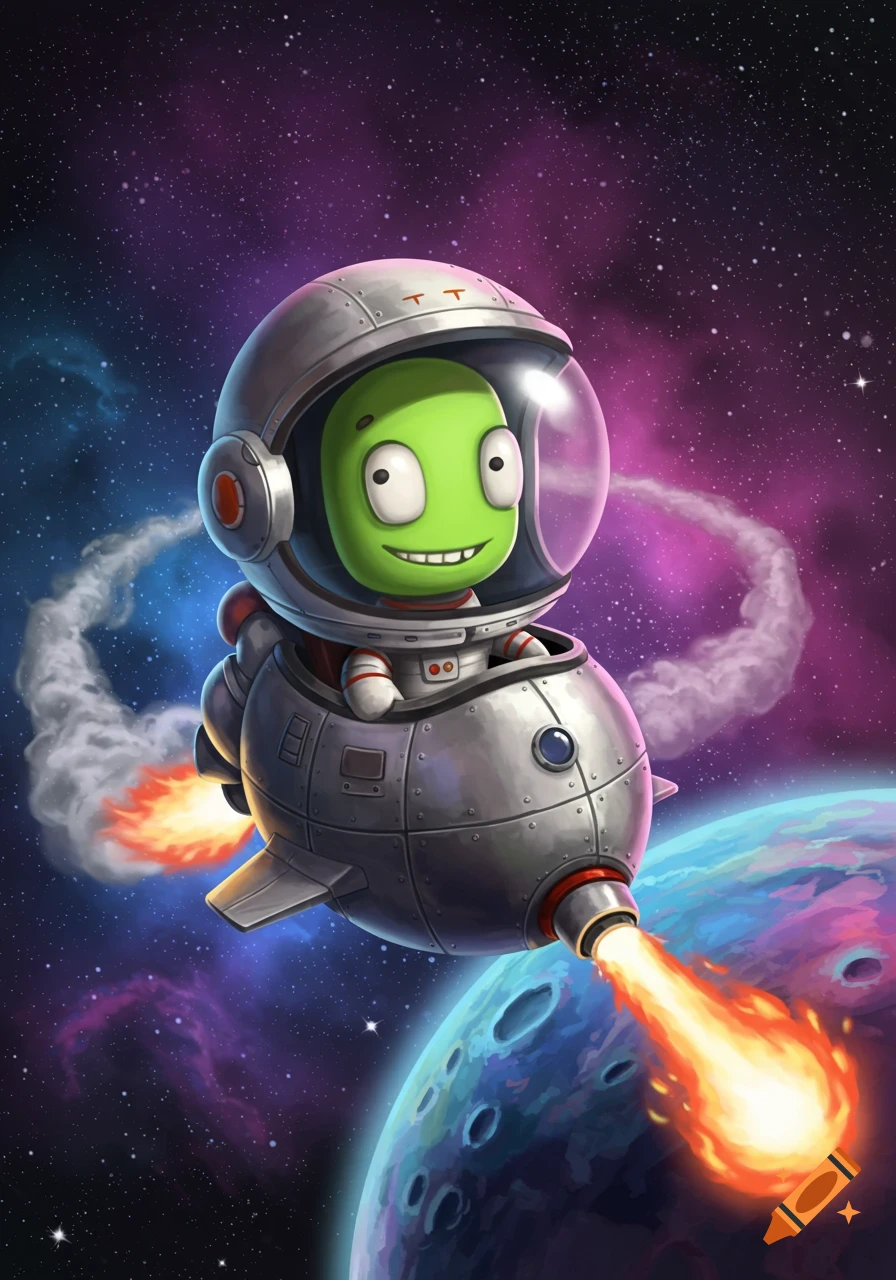 A cartoon green Kerbal character in an astronaut helmet flies a small rocket through space past a colorful planet.