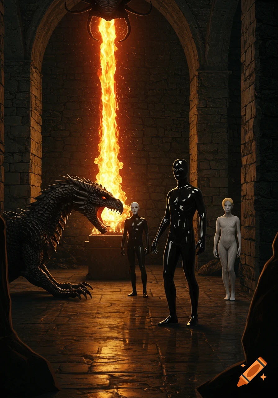 A dark fantasy scene in a stone chamber with a dragon breathing fire, and three stylized figures, two in shiny black suits, one pale.