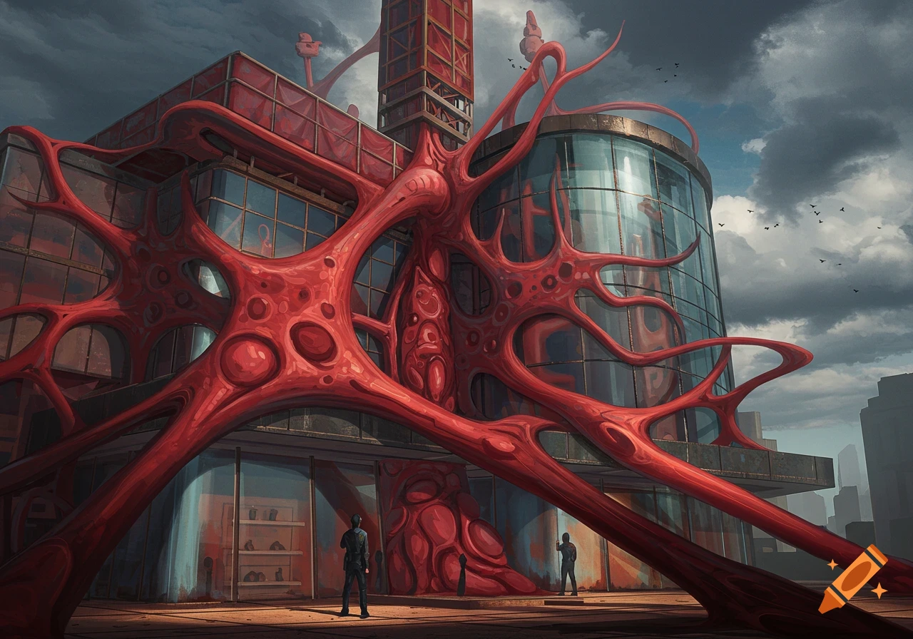 A grotesque, modern building engulfed by pulsing red organic growths under a cloudy sky with two small figures.