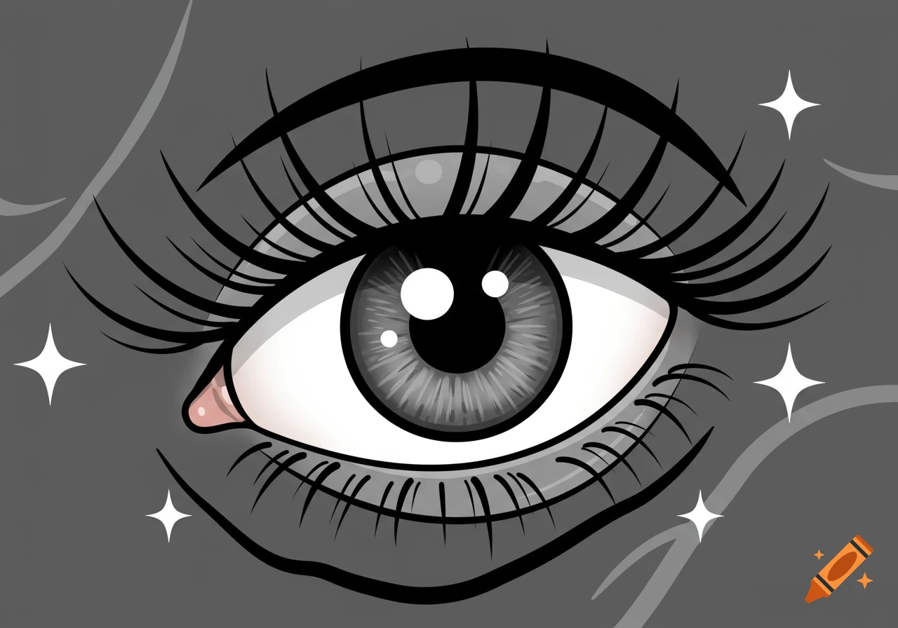 A stylized, cartoony eye with long black eyelashes, a grey iris, and white sparkles on a dark grey background.