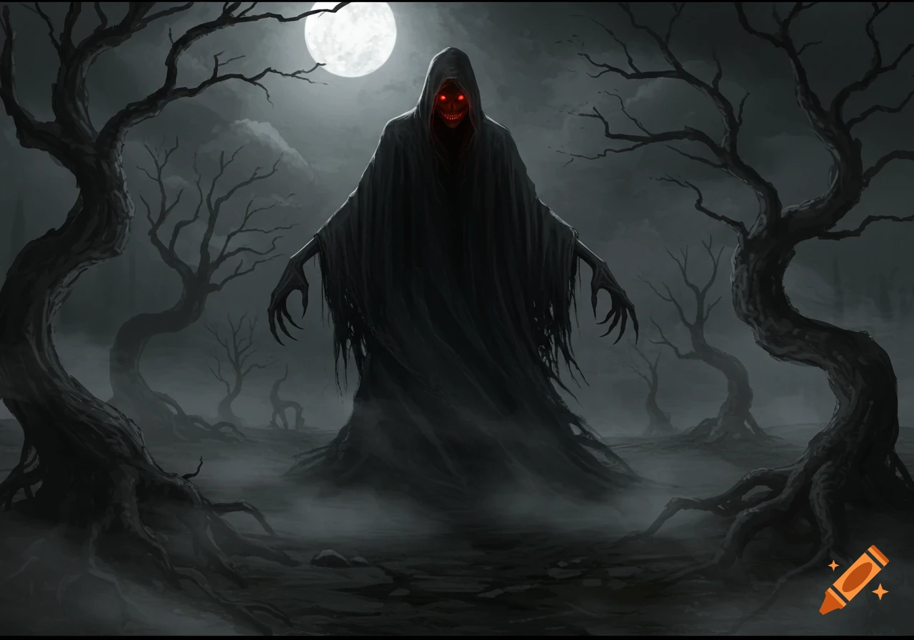A dark hooded figure with glowing red eyes and clawed hands stands in a misty, gnarled forest under a full moon, in a dark fantasy art style.