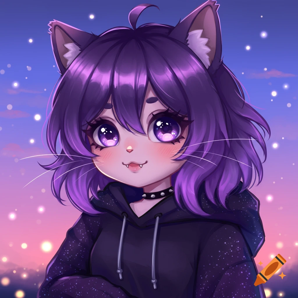 Cute anime cat girl with purple hair and large purple eyes, wearing a black hoodie, against a sparkling purple and blue sky.