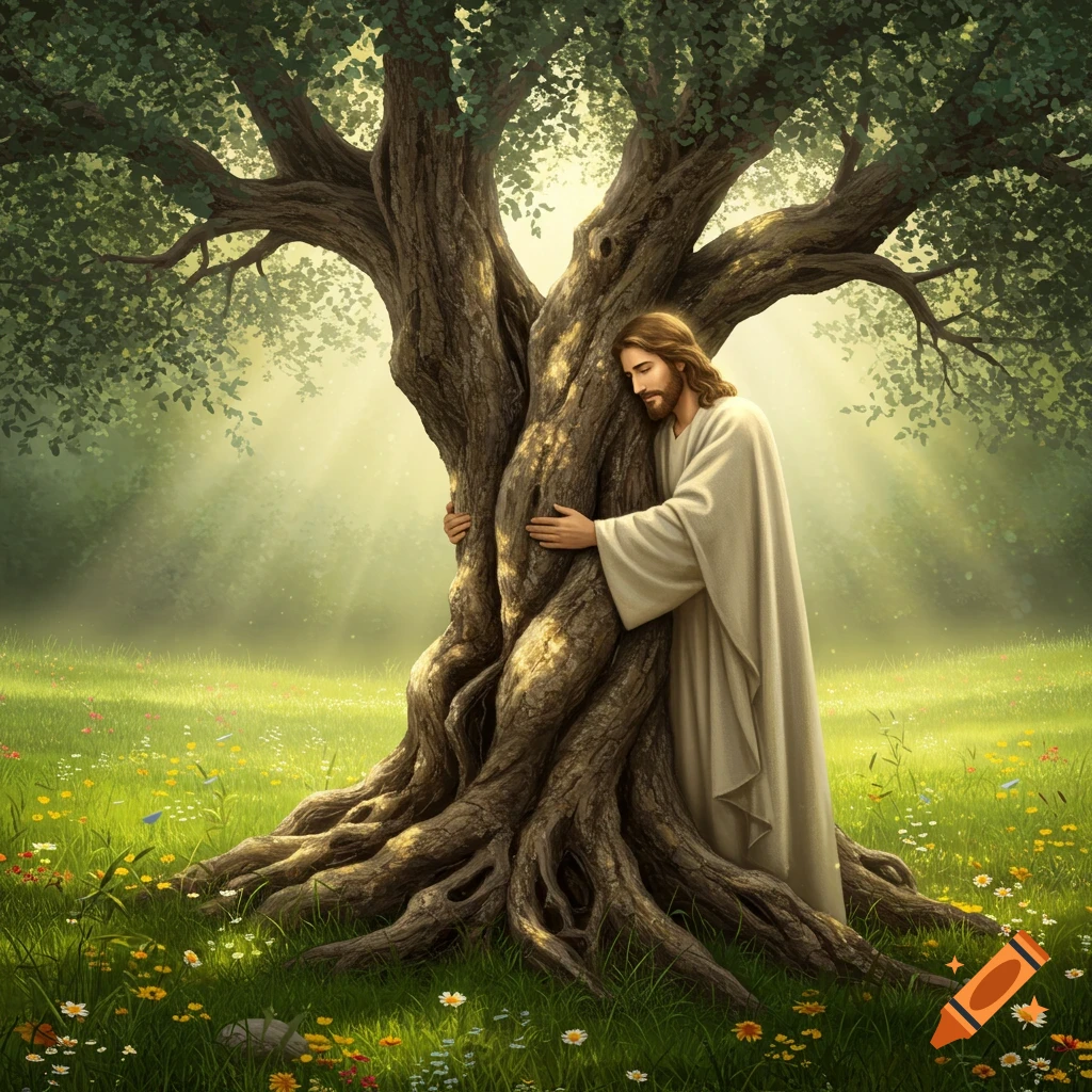 Jesus in a white robe gently hugs a large, gnarled tree in a sunlit field with wildflowers.
