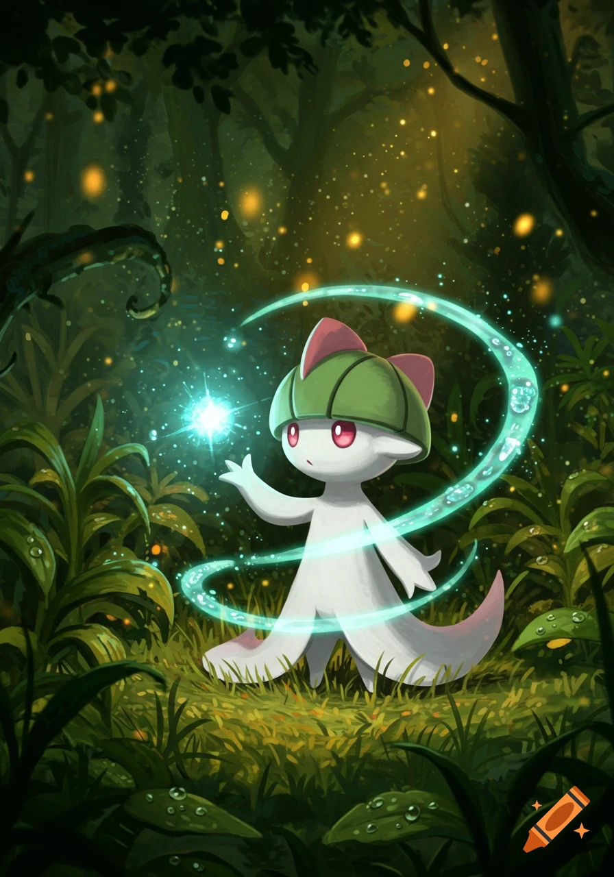 A white and green Pokemon, Ralts, in a magical dark forest at night, casting a glowing blue spell.