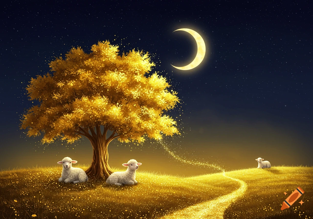 An illustrative fantasy scene with two lambs under a golden tree, a crescent moon in a starry sky, and a glowing path to a third lamb.