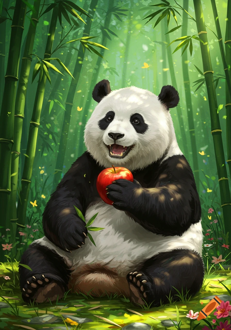 A cute, fluffy panda bear sits happily in a sun-dappled bamboo forest, holding a red apple.