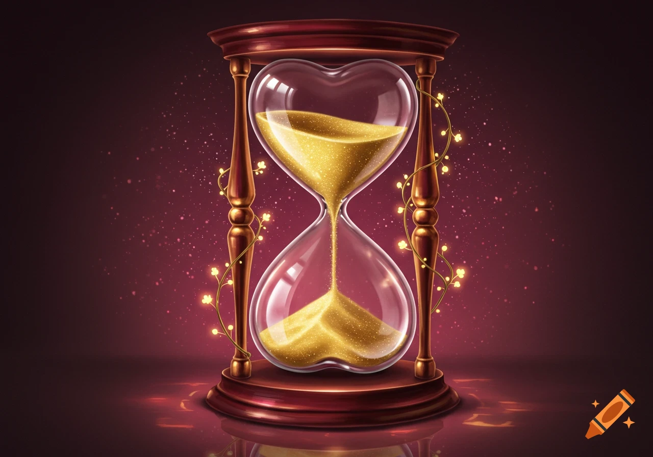 A heart-shaped hourglass with golden sand and glowing fairy lights, set against a shimmering red background in a digital art style.