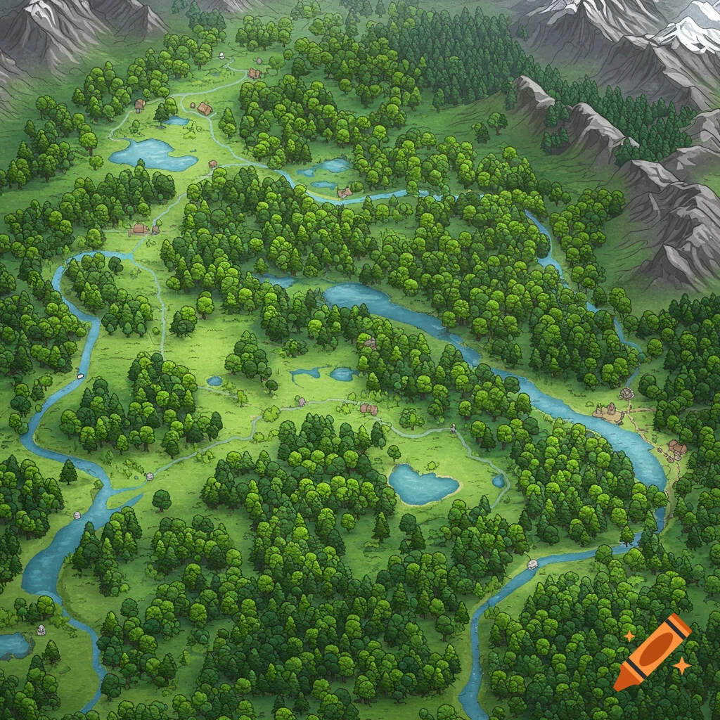 A top-down illustrative map of a lush green landscape with dense forests, winding rivers, many lakes, and distant gray mountains.