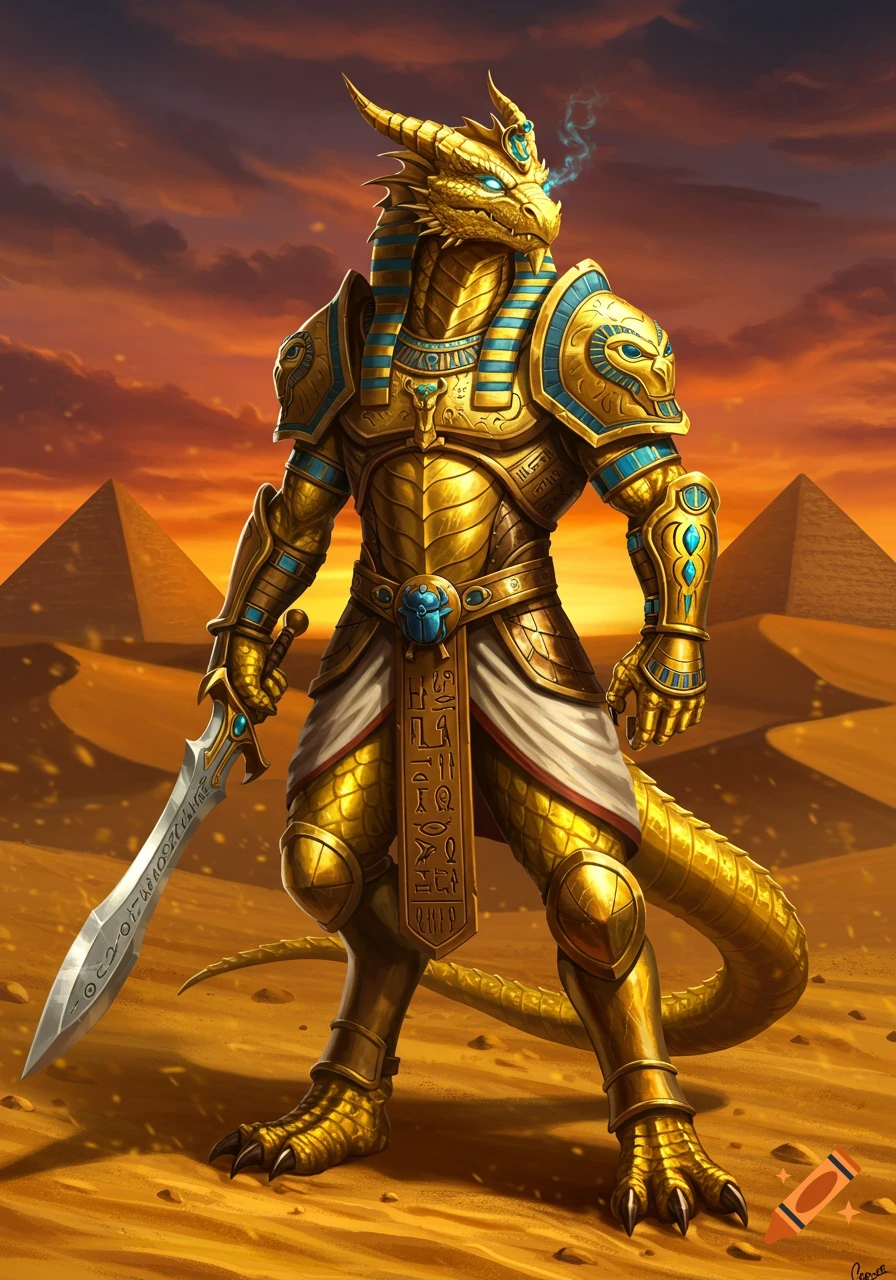 A majestic gold dragonborn in ornate Egyptian-style armor holds a longsword in a desert landscape with pyramids at sunset.