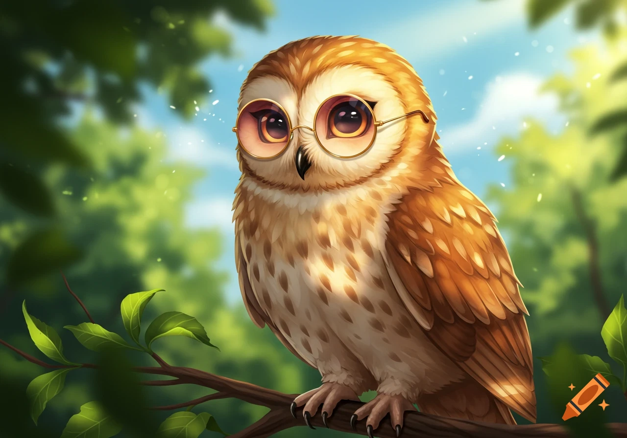 A cute, cartoon owl wearing round pink-tinted glasses, perched on a branch in a sunny, blurry green forest.