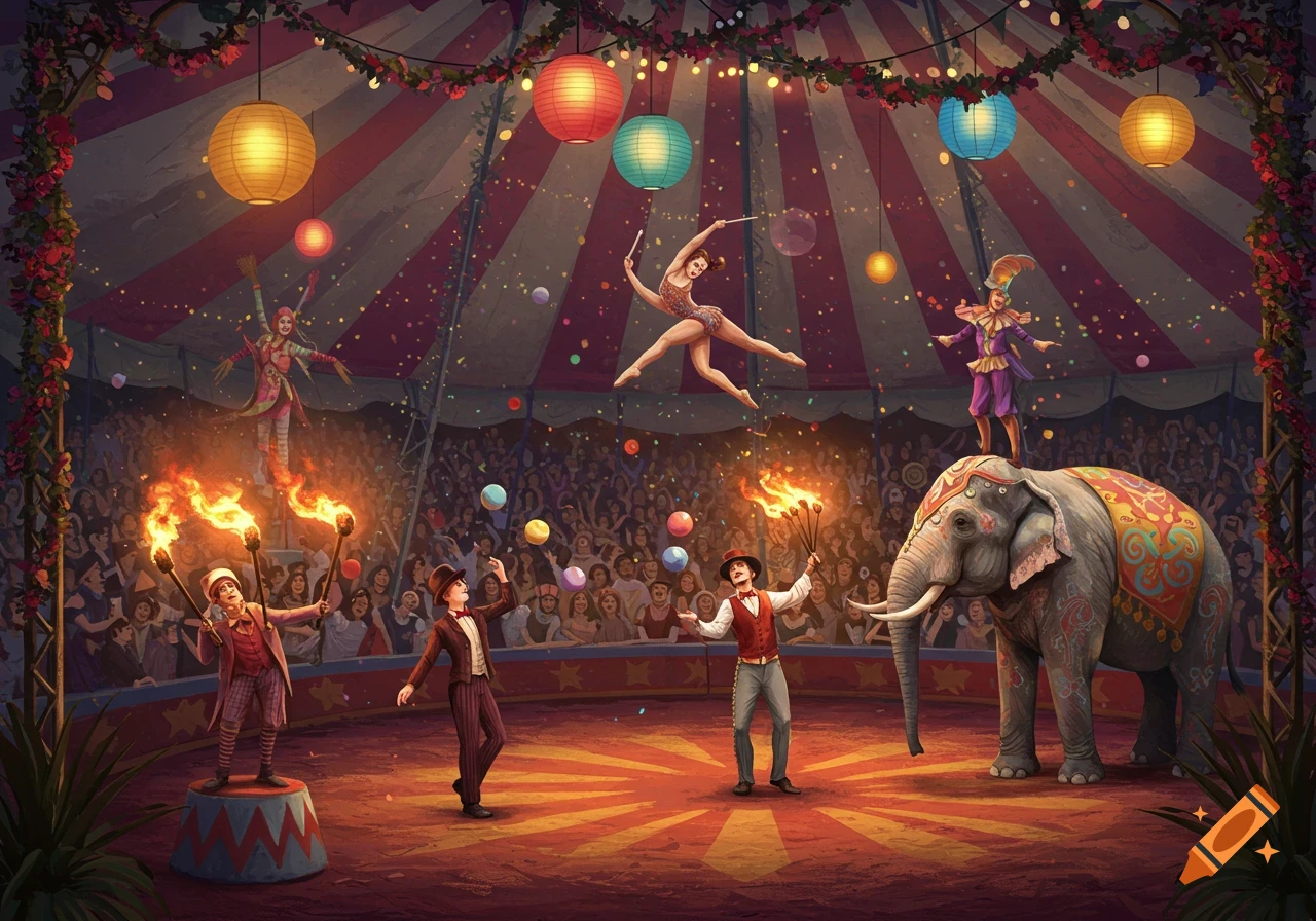 A vibrant, illustrative circus scene inside a big top, with various performers, an elephant, and a large cheering crowd.