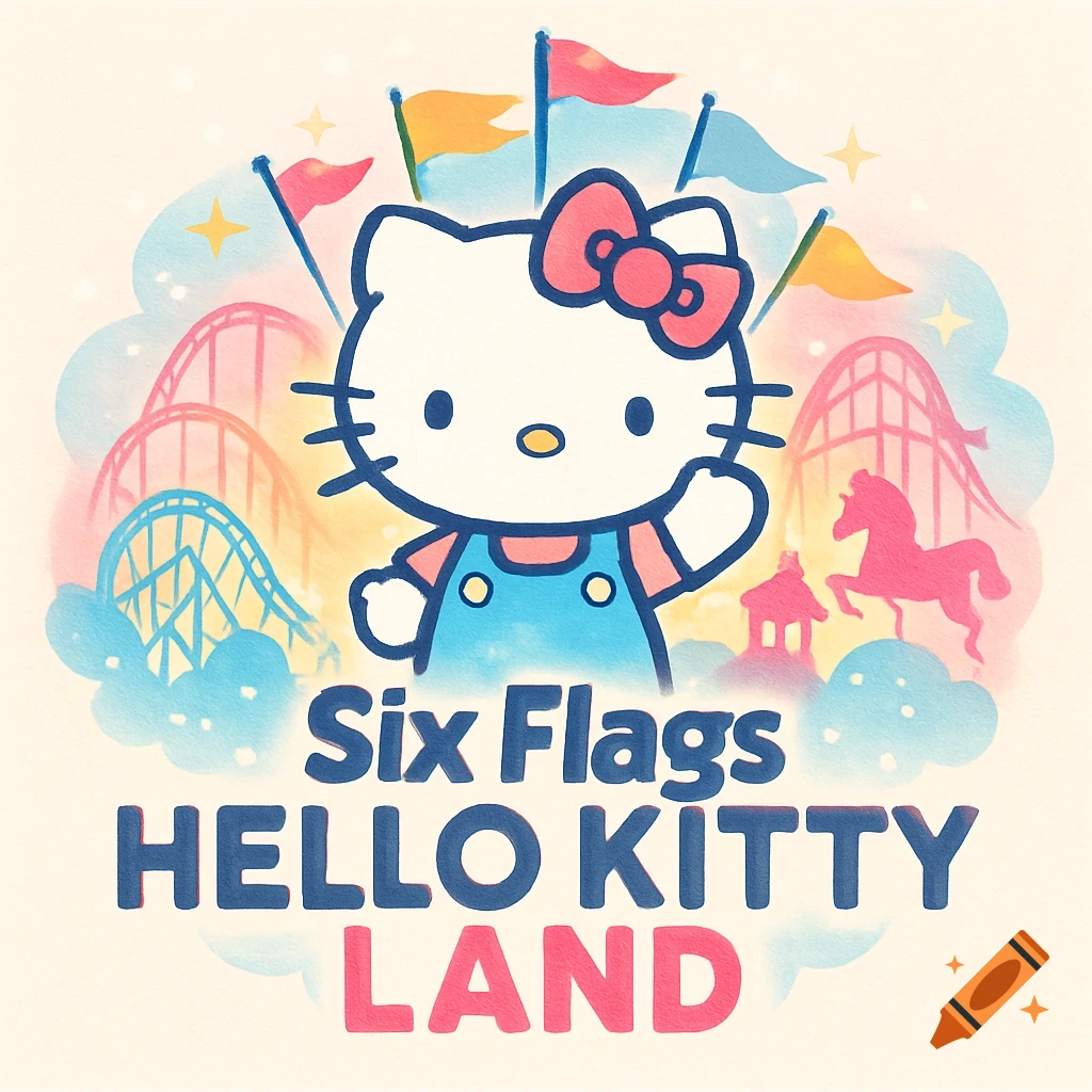 A colorful Hello Kitty theme park logo. Hello Kitty waves in front of rollercoasters, flags, and the text 'Six Flags HELLO KITTY LAND' in a watercolor style.