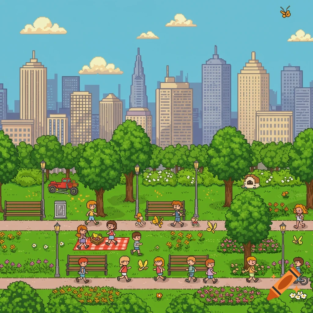 Pixel art scene of a city park with people walking, picnicking, and skyscrapers in the background under a blue sky, in a retro SNES style.