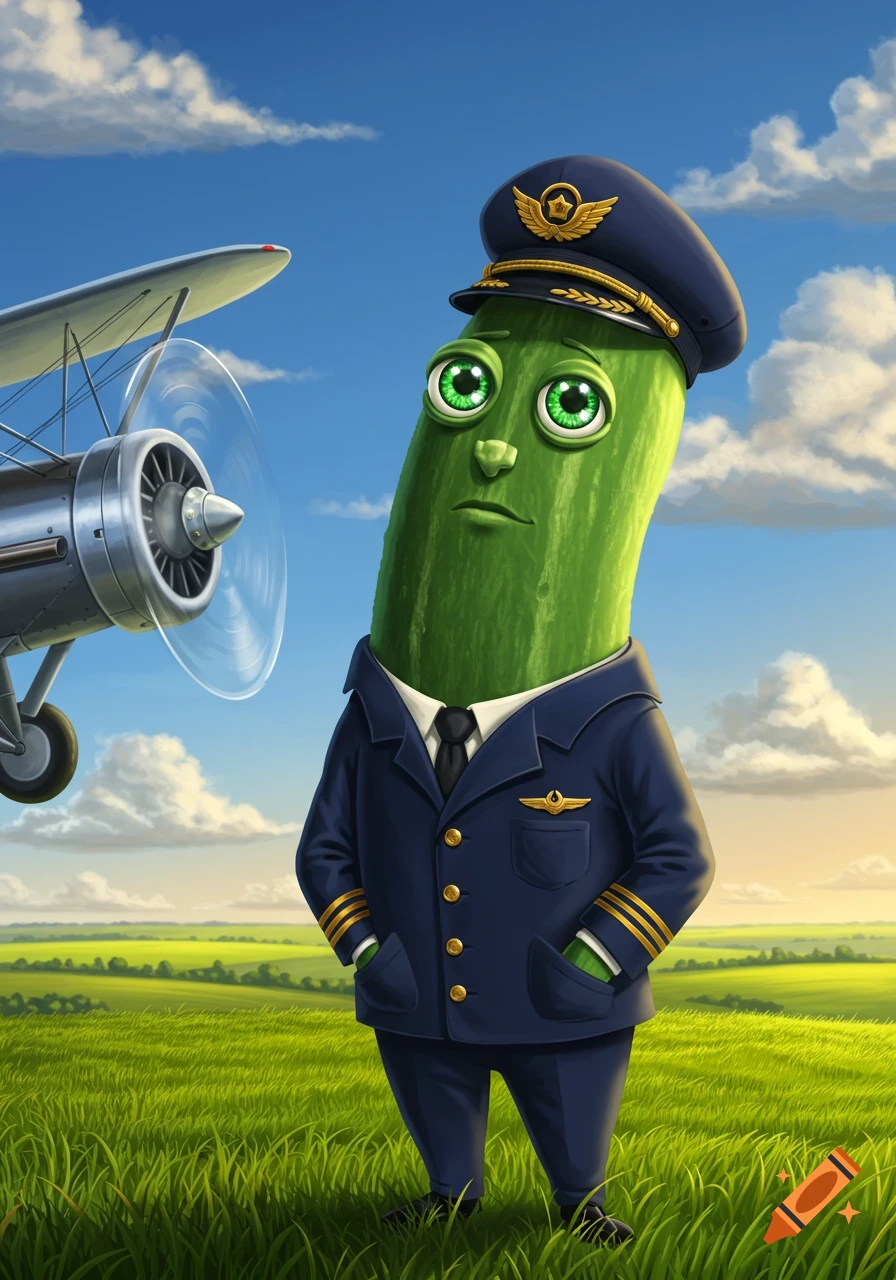 A cartoon cucumber character dressed as an aviator pilot stands in a grassy field next to a biplane under a blue sky.