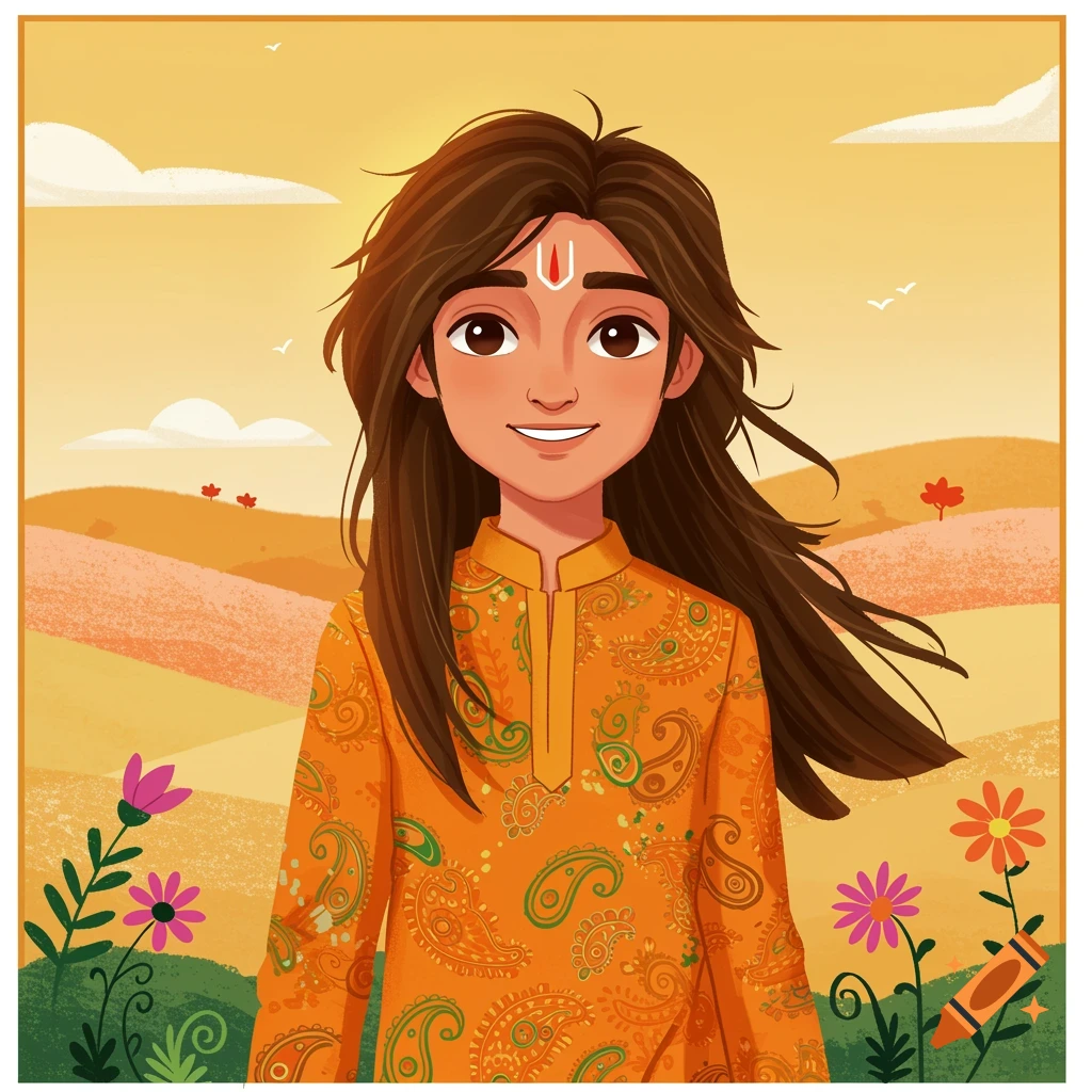 A cartoon Indian boy with long dark hair and a tilak mark on his forehead smiles, wearing a patterned orange shirt in a sunny landscape with flowers.