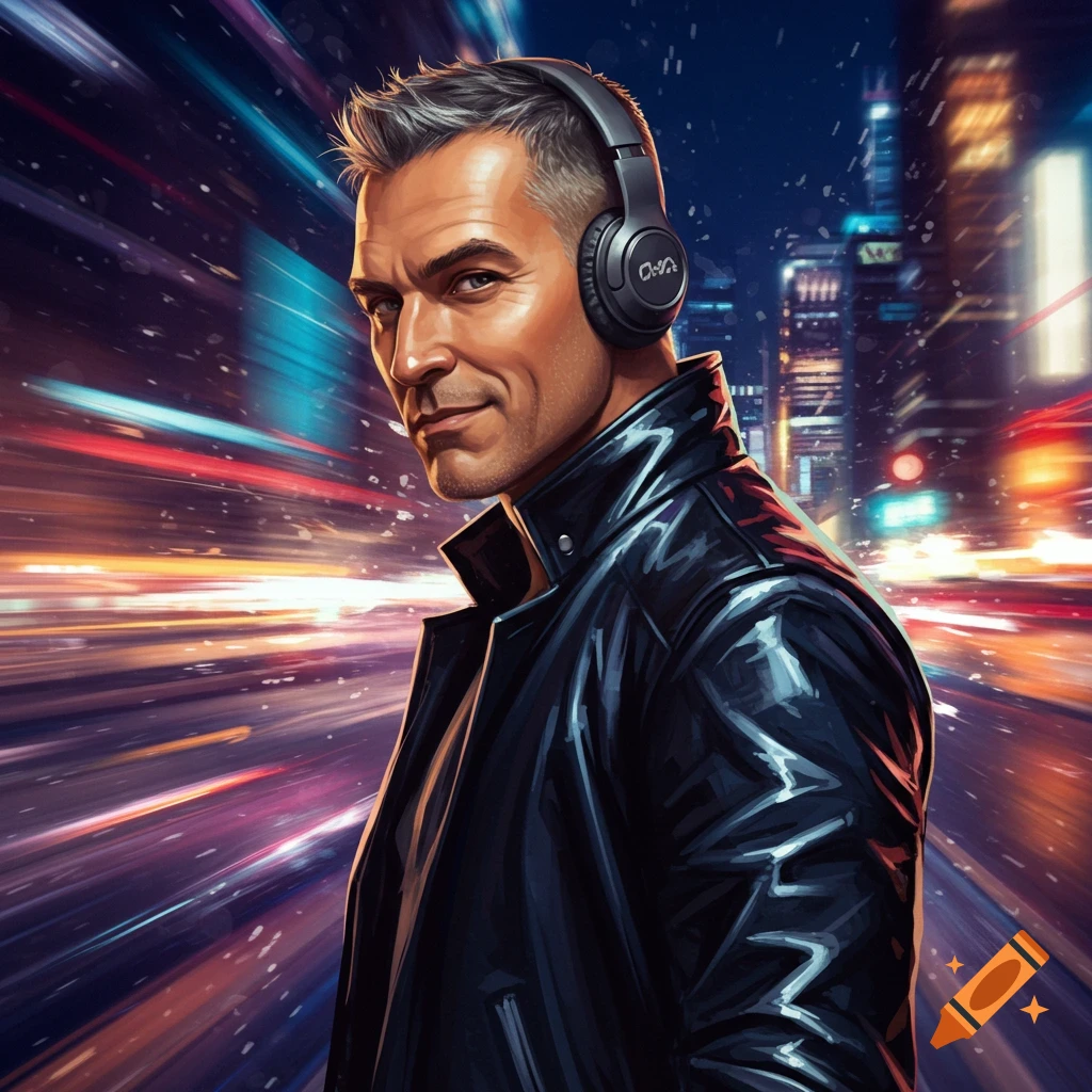 Digital art portrait of a man with headphones and a black leather jacket in a neon-lit city at night.