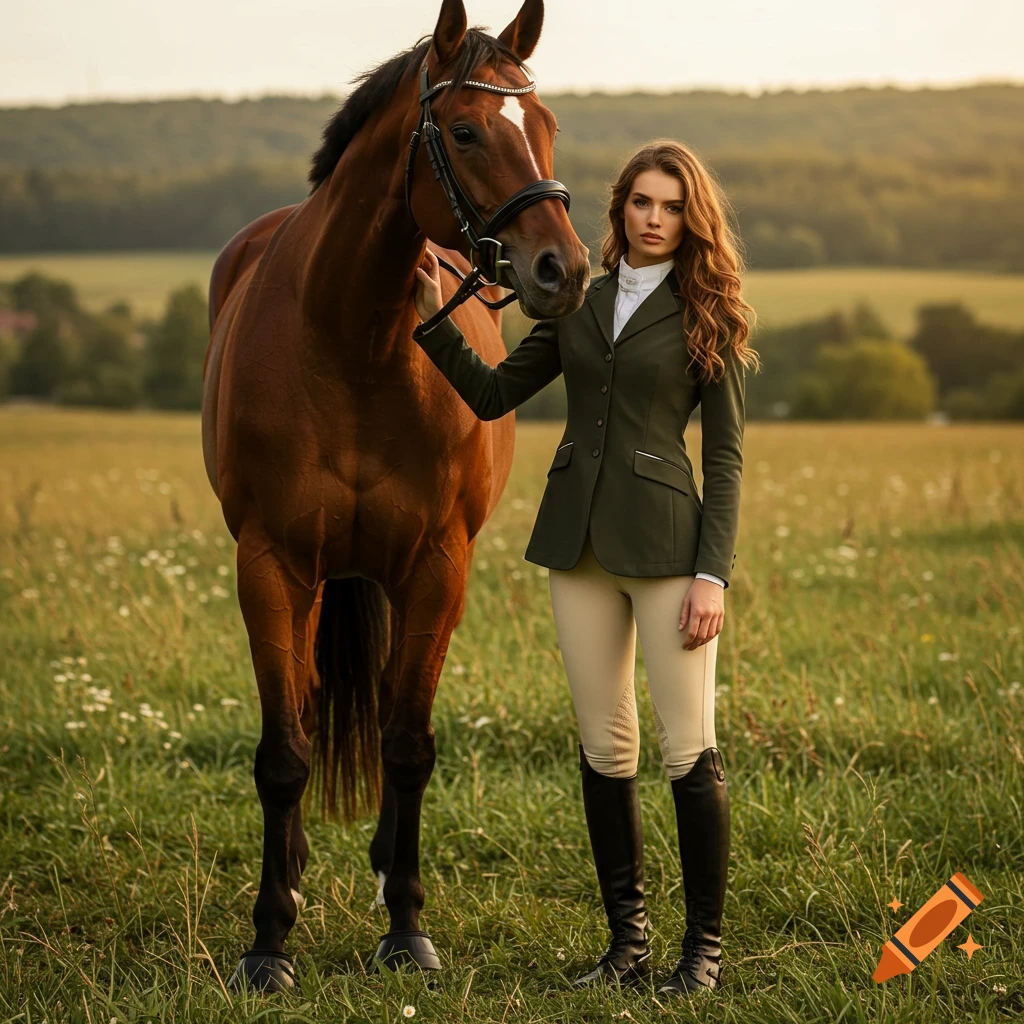 A woman with long brown hair in a green riding jacket and beige breeches stands next to a brown horse in a grassy field at sunset.