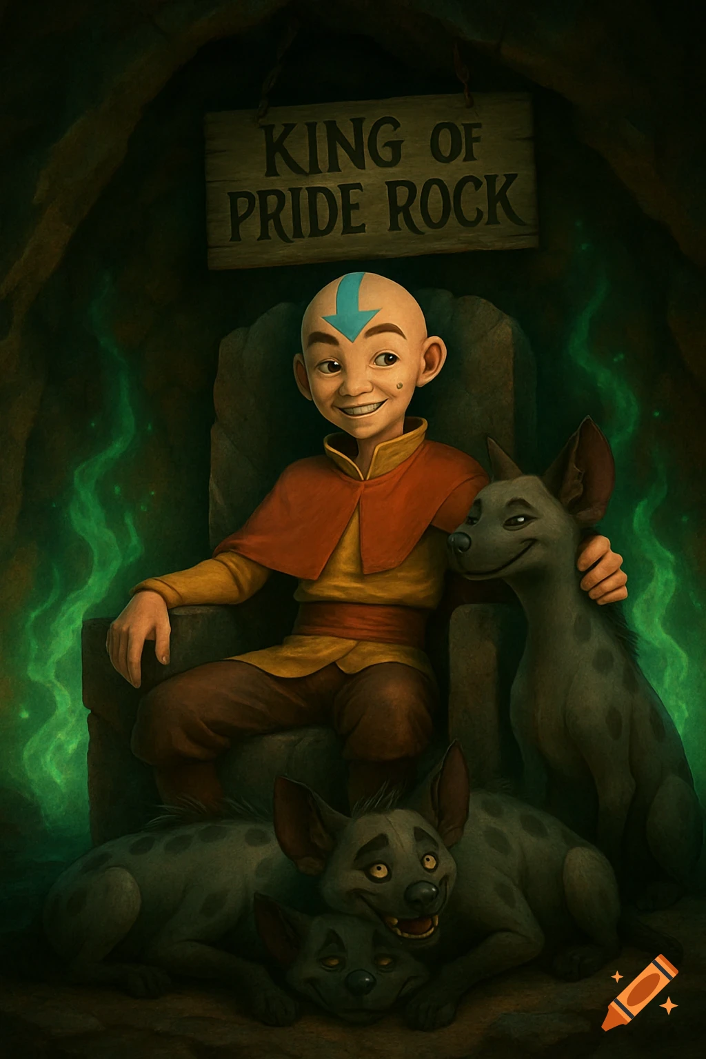 Aang from Avatar sits on a throne in a cave, petting a hyena, with other hyenas at his feet. A sign reads "KING OF PRIDE ROCK".
