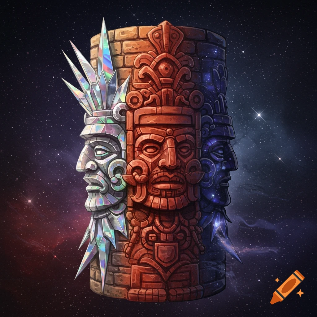 Stylized illustration of a cylinder with three faces: iridescent, red carved stone, and starry blue, on a cosmic background.