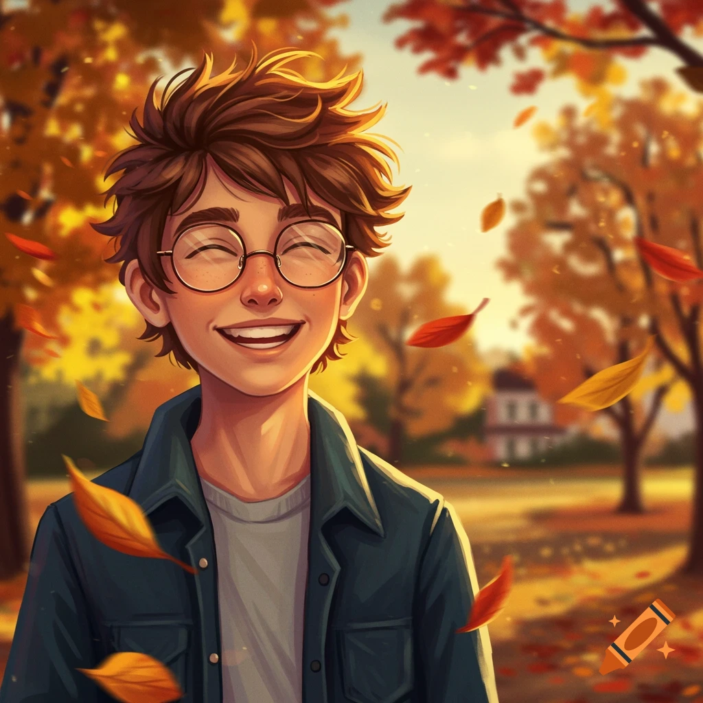 An illustration of a smiling teenager with messy brown hair and glasses in an autumn park with falling leaves.