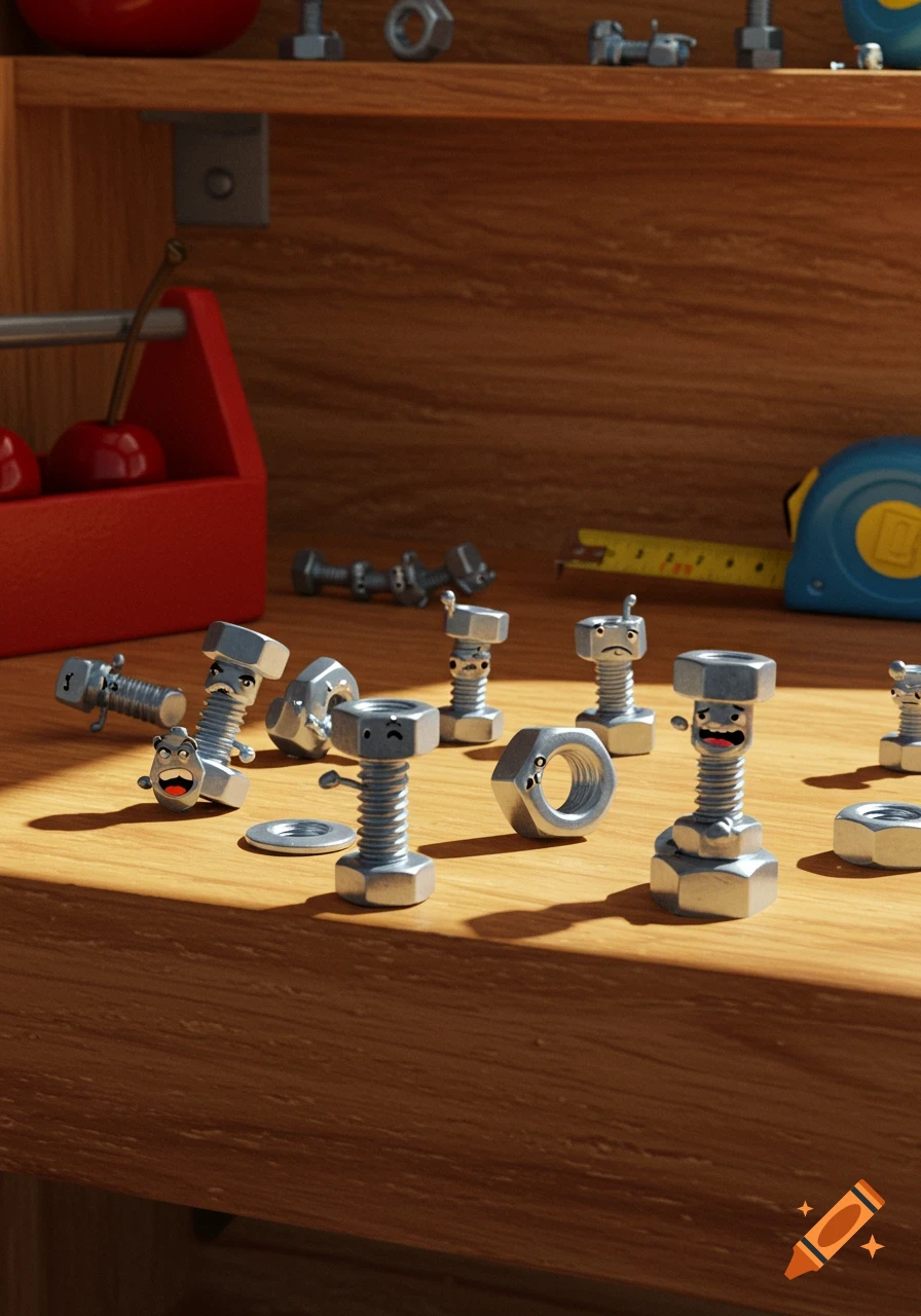 Anthropomorphic nuts and bolts with cartoon faces on a wooden workbench with a red toolbox and a tape measure.