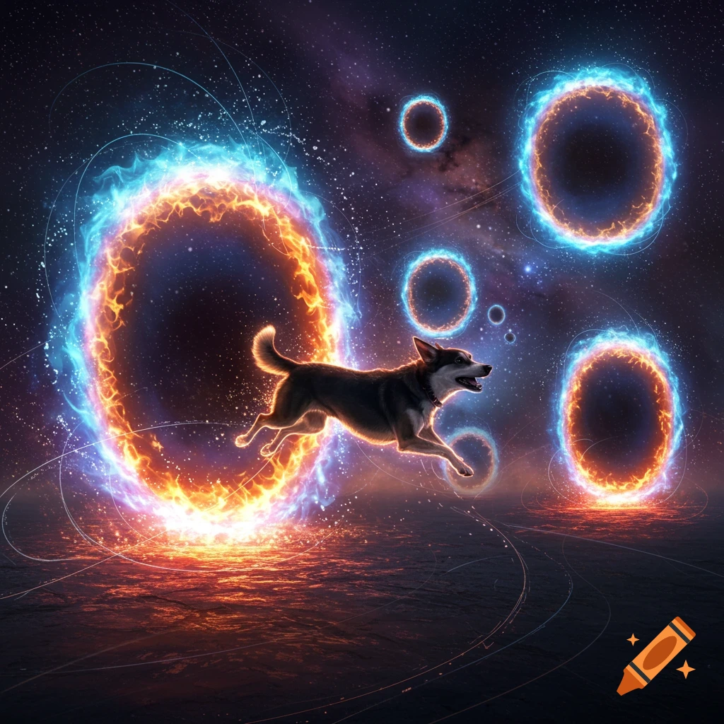 A black and white dog leaps through a glowing orange and blue time portal in a starry cosmic landscape, with other portals in the background.