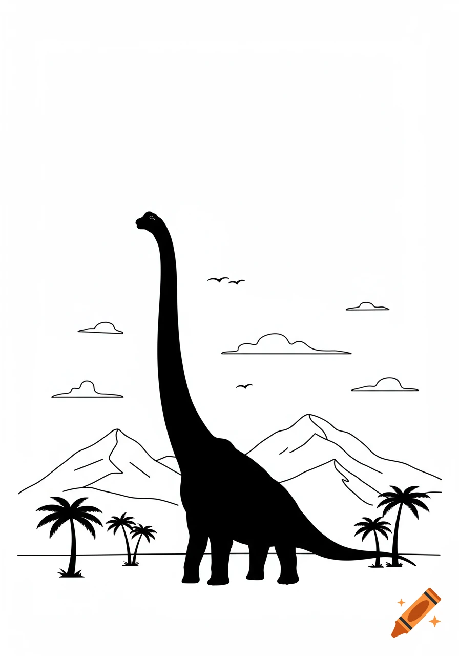 A simple black vector illustration of a tall-necked brachiosaurus standing amidst palm trees with line-drawn mountains and clouds in the background.