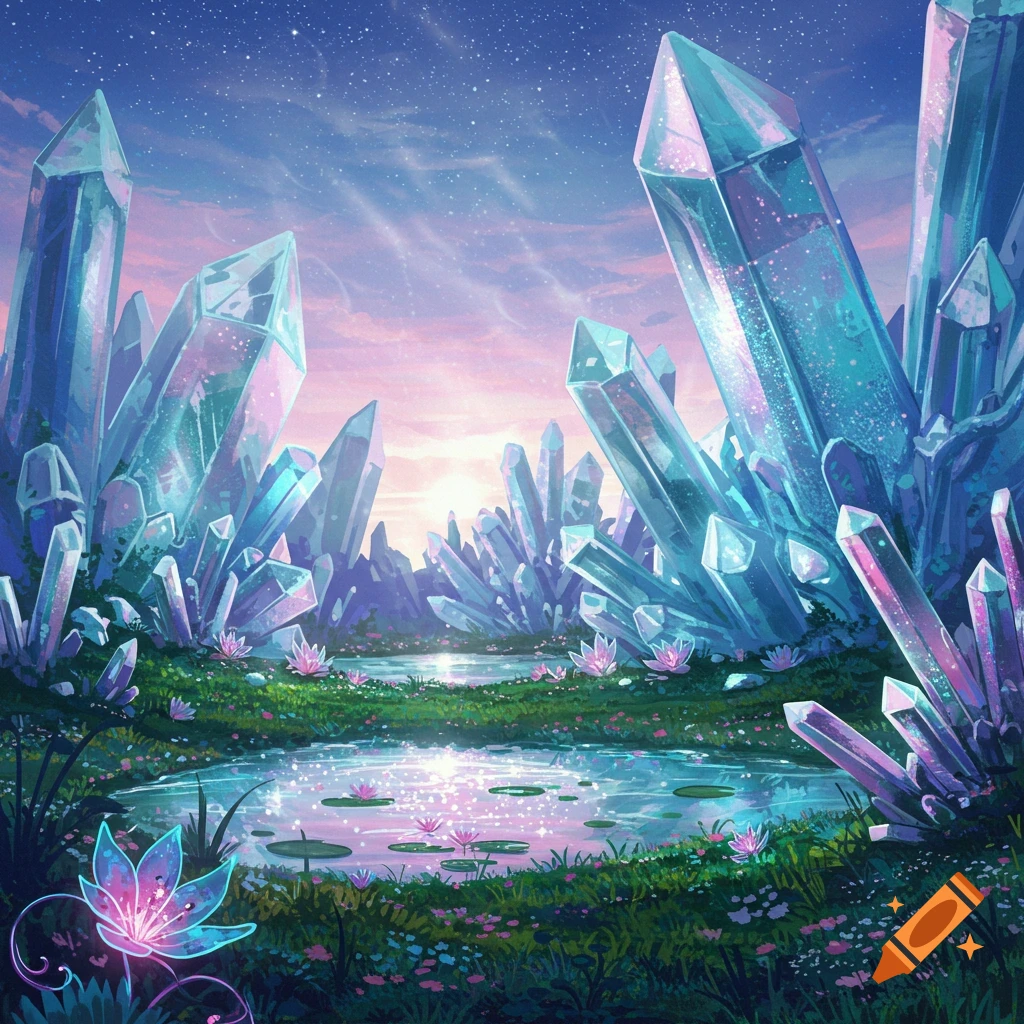 Vibrant fantasy landscape with large glowing blue and purple crystals, a tranquil pond with lily pads, and a starry sunset sky.