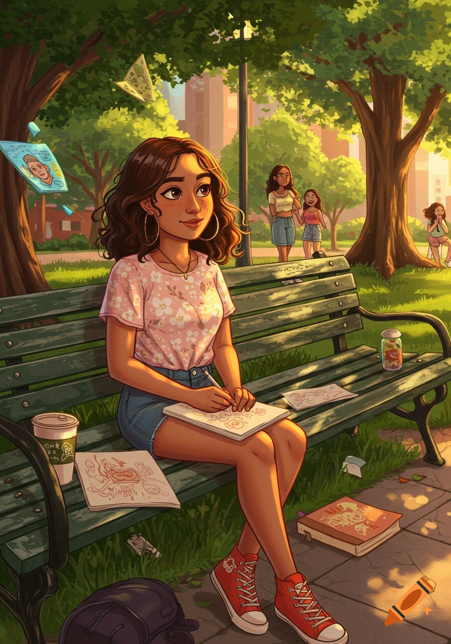 A girl with brown curly hair sits on a green park bench, drawing in a notebook, with a coffee cup beside her, in an illustrated park scene.