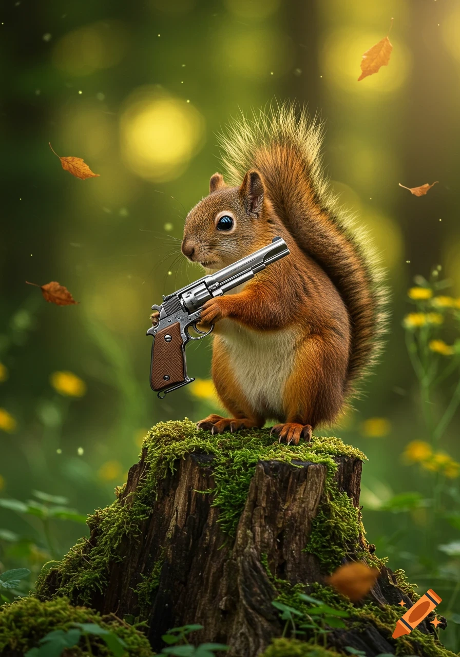 A photorealistic squirrel stands on a mossy tree stump, holding a silver pistol. Blurred green forest background.