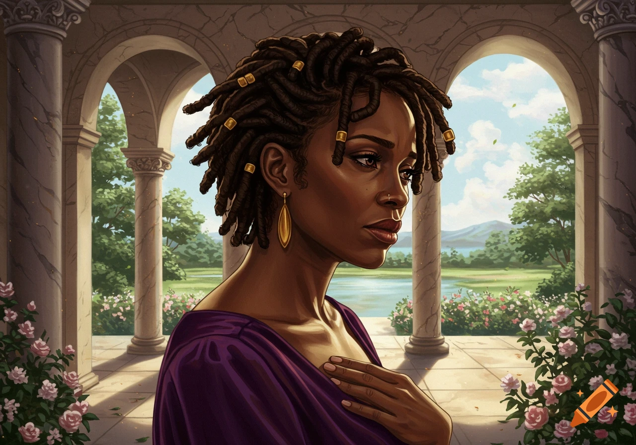 Pensive black woman with dreadlocks in a classical archway overlooking a garden.