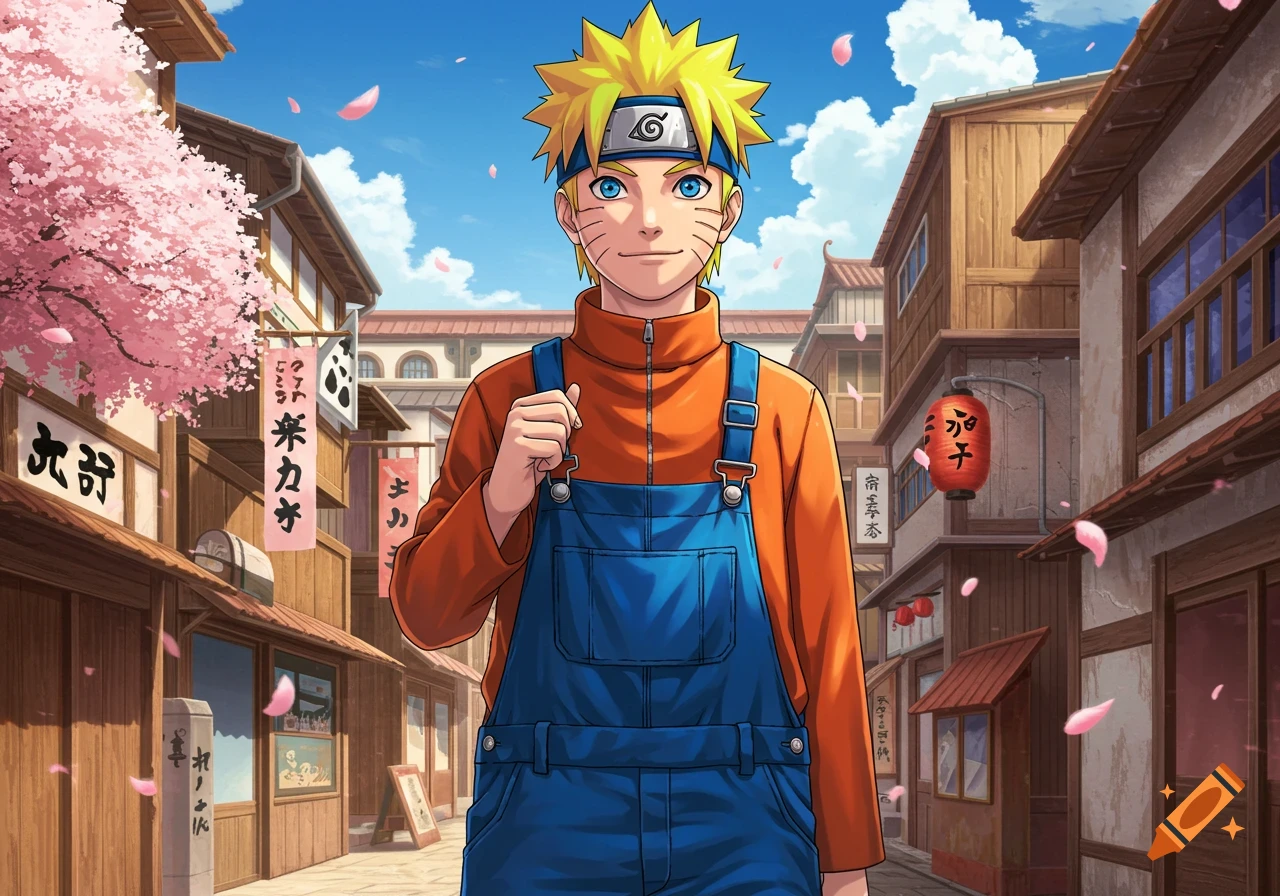Naruto Uzumaki in blue overalls stands in a traditional Japanese village street with cherry blossoms and wooden buildings in anime style.