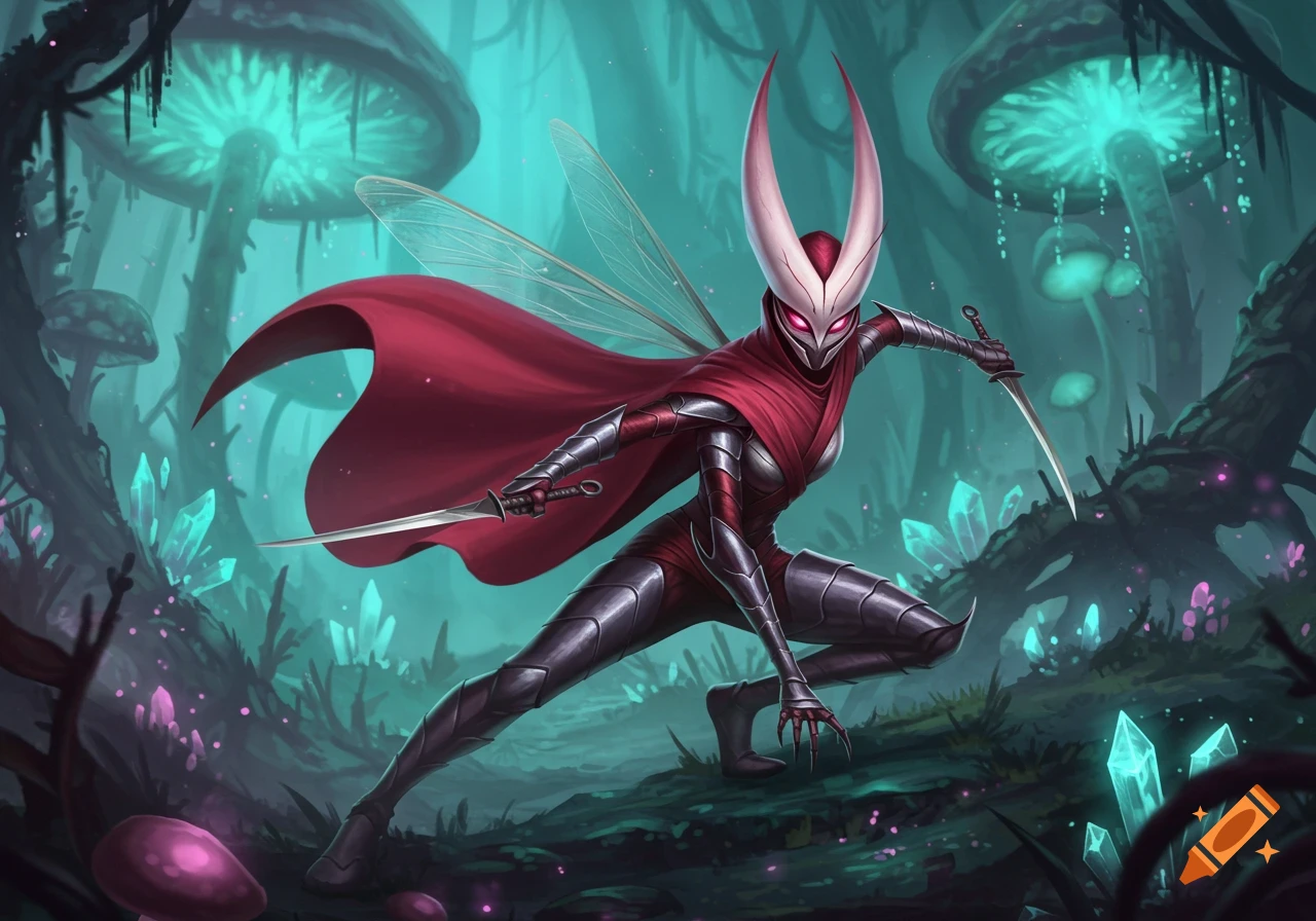 Hornet from Silksong in a combat pose, holding two daggers, in a glowing fantasy forest with mushrooms and crystals.
