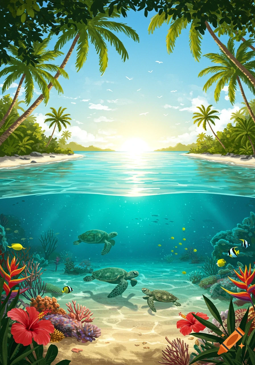 Vibrant illustration of a tropical lagoon with palm trees, a sandy beach, and an underwater view showing sea turtles, fish, and coral reefs.