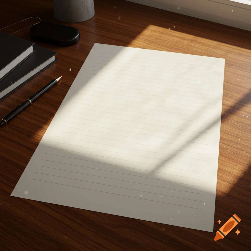 A sheet of white lined paper lies flat on a wooden desk next to black notebooks and a pen, with sunlight casting a shadow.