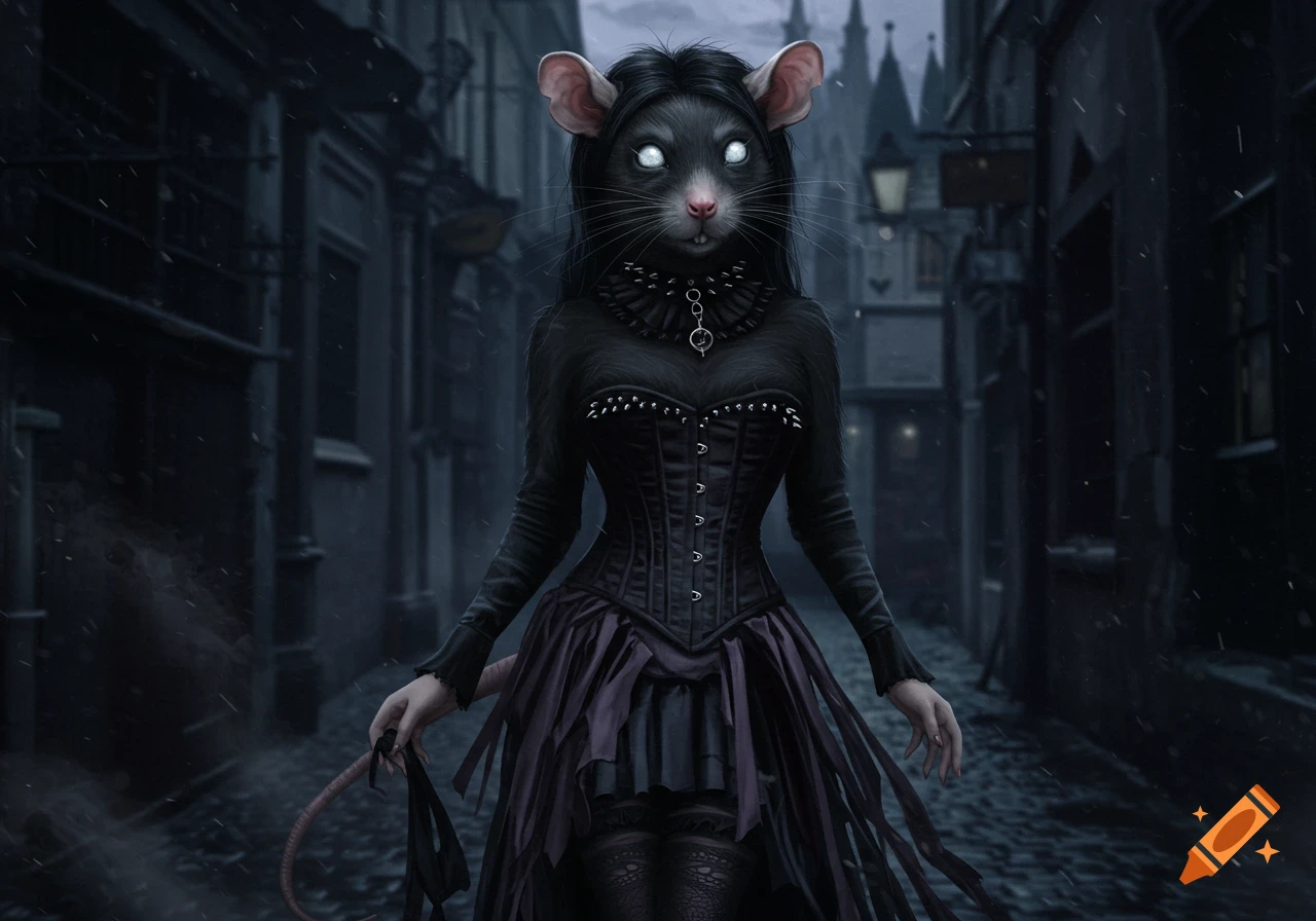 A goth rat girl with glowing eyes, wearing a black corset and tattered skirt, stands in a dark, snowy alley.